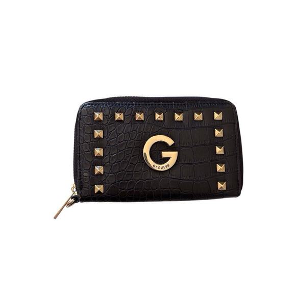 GUESS Handbags - GUESS Medium Zip Around Wallet Black Faux Croc Leather Gold Grommet Studs